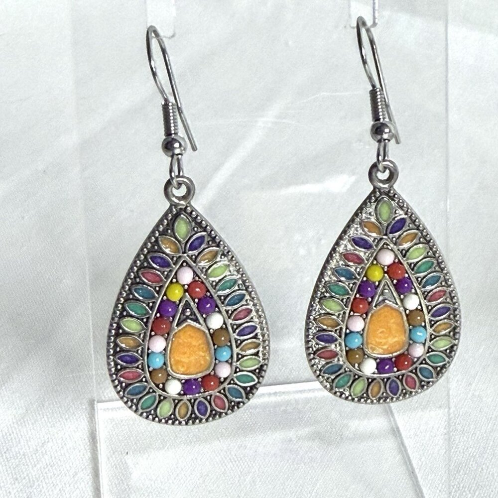 Vintage Mosaic Teardrop Dangle Earrings Multicolor Enamel - Picture 5 of 8